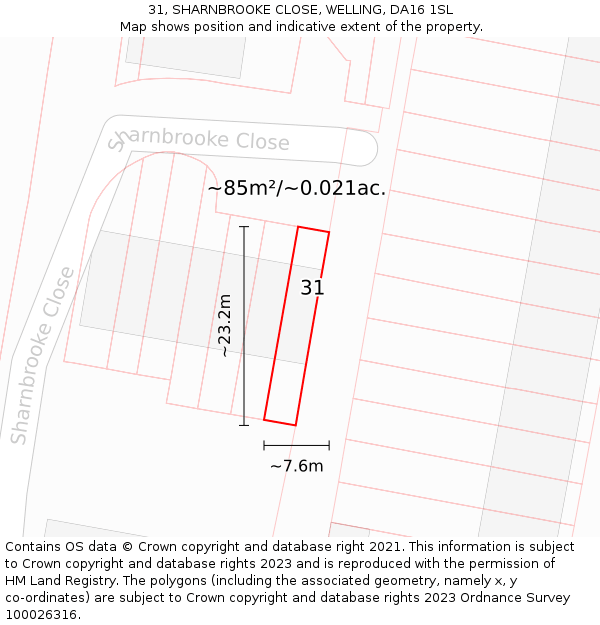 31, SHARNBROOKE CLOSE, WELLING, DA16 1SL: Plot and title map