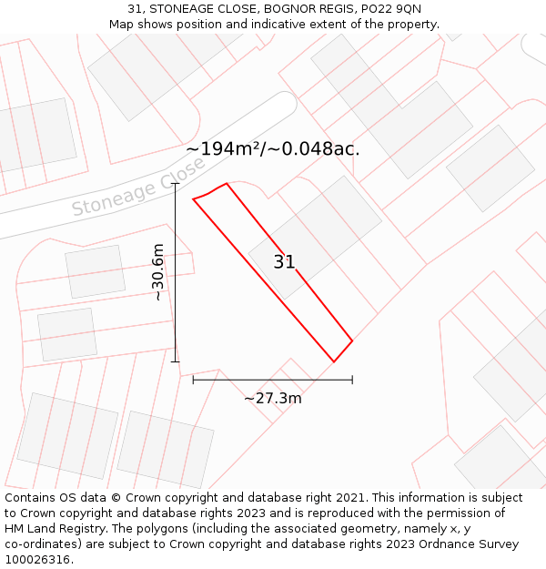 31, STONEAGE CLOSE, BOGNOR REGIS, PO22 9QN: Plot and title map