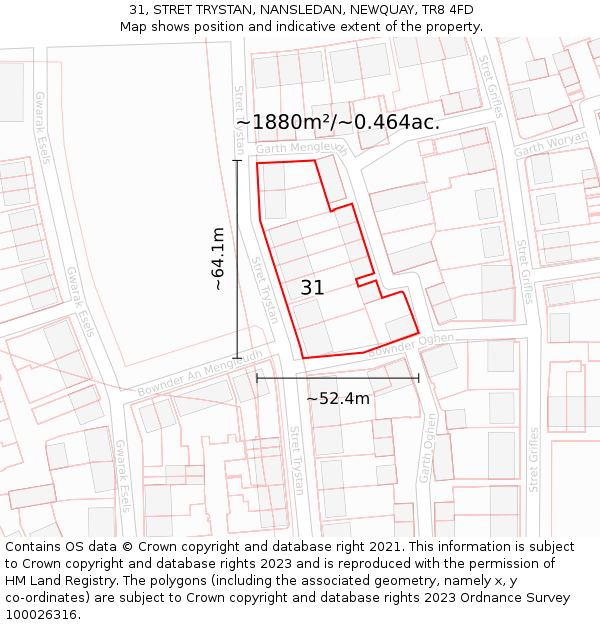 31, STRET TRYSTAN, NANSLEDAN, NEWQUAY, TR8 4FD: Plot and title map
