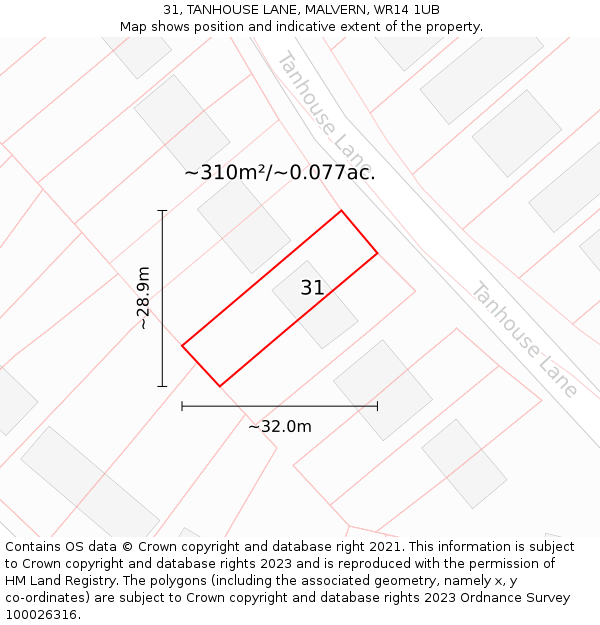 31, TANHOUSE LANE, MALVERN, WR14 1UB: Plot and title map