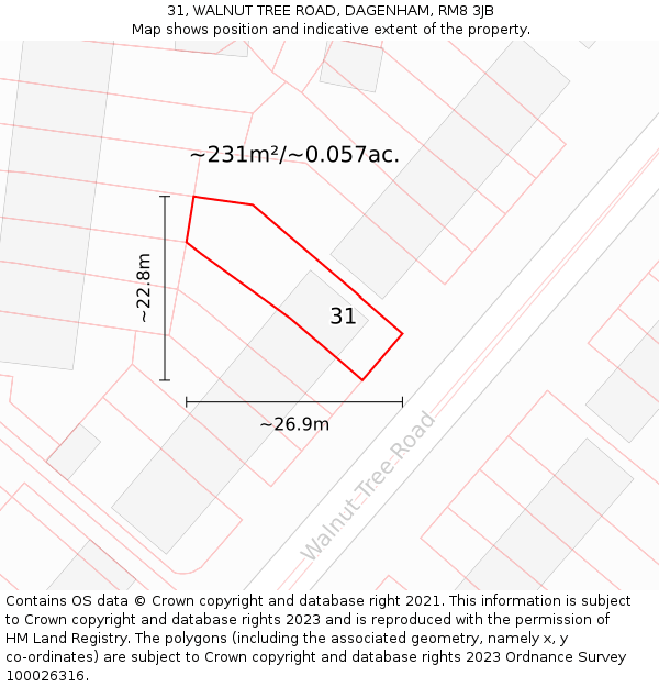 31, WALNUT TREE ROAD, DAGENHAM, RM8 3JB: Plot and title map