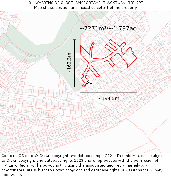 31, WARRENSIDE CLOSE, RAMSGREAVE, BLACKBURN, BB1 9PE: Plot and title map