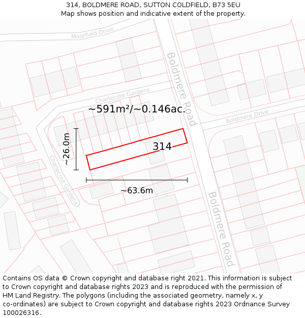 314, BOLDMERE ROAD, SUTTON COLDFIELD, B73 5EU: Plot and title map
