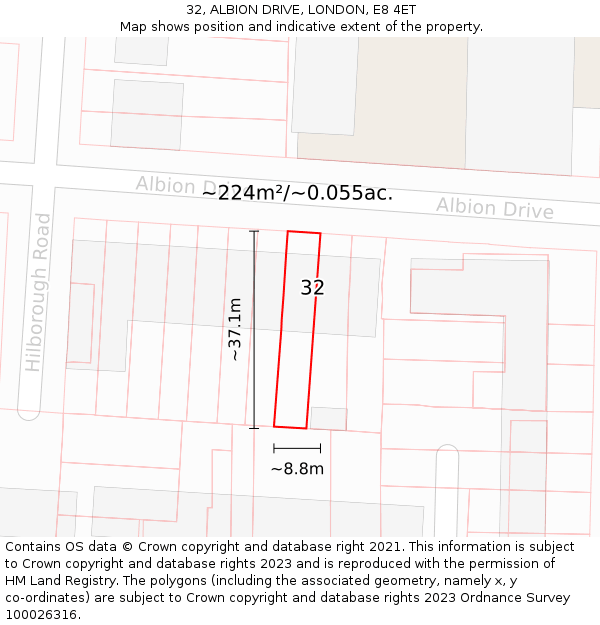 32, ALBION DRIVE, LONDON, E8 4ET: Plot and title map