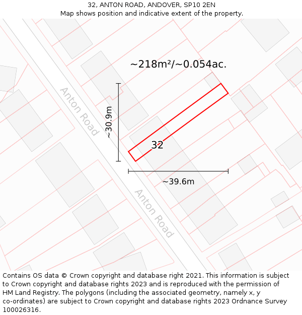 32, ANTON ROAD, ANDOVER, SP10 2EN: Plot and title map