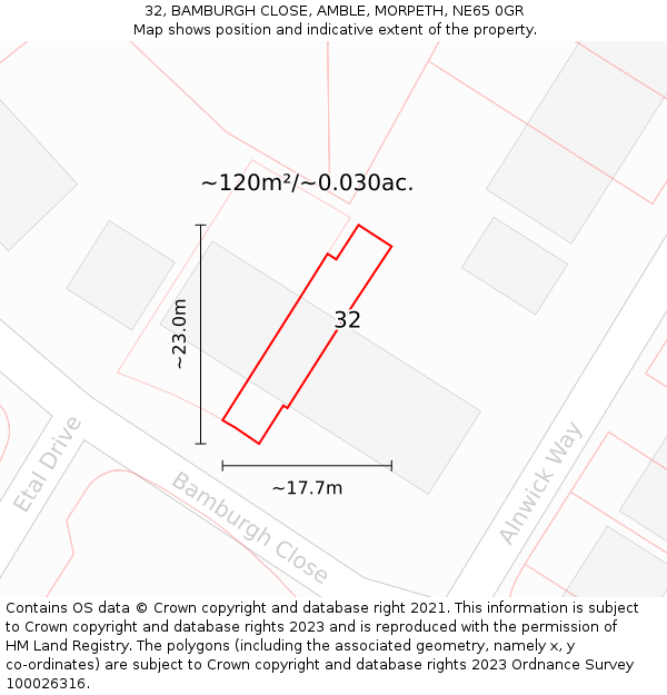 32, BAMBURGH CLOSE, AMBLE, MORPETH, NE65 0GR: Plot and title map
