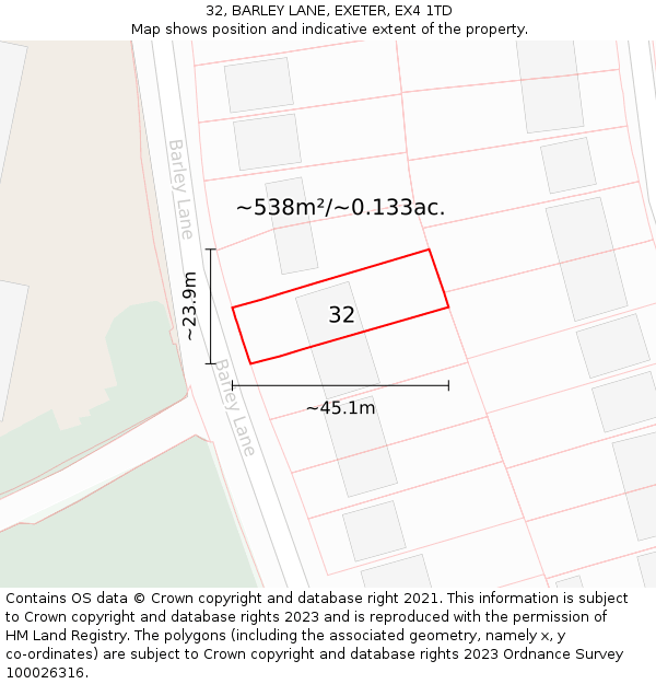 32, BARLEY LANE, EXETER, EX4 1TD: Plot and title map