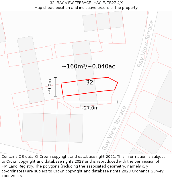32, BAY VIEW TERRACE, HAYLE, TR27 4JX: Plot and title map