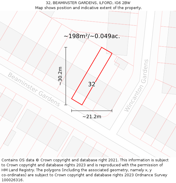 32, BEAMINSTER GARDENS, ILFORD, IG6 2BW: Plot and title map