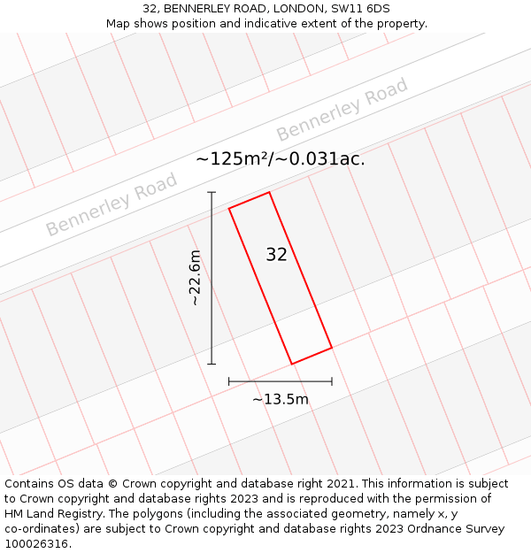 32, BENNERLEY ROAD, LONDON, SW11 6DS: Plot and title map