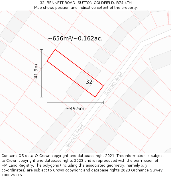32, BENNETT ROAD, SUTTON COLDFIELD, B74 4TH: Plot and title map