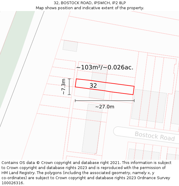 32, BOSTOCK ROAD, IPSWICH, IP2 8LP: Plot and title map