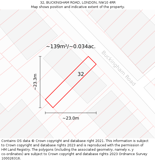32, BUCKINGHAM ROAD, LONDON, NW10 4RR: Plot and title map