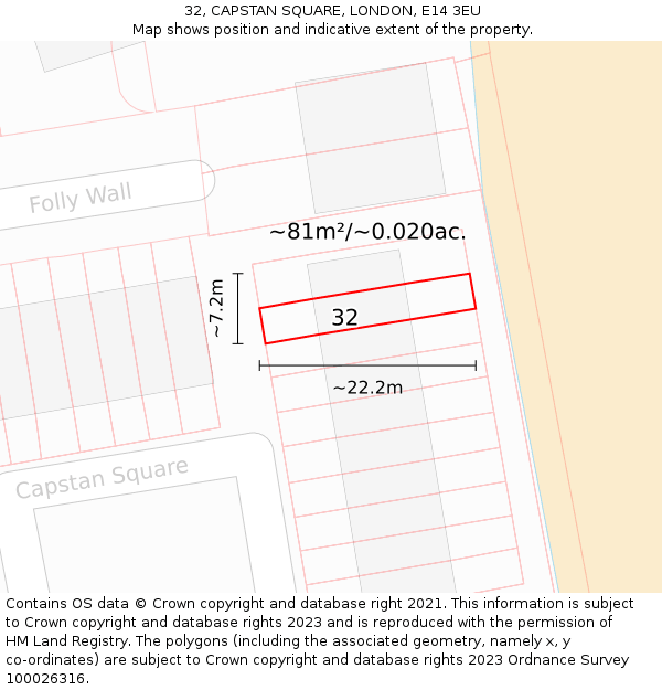 32, CAPSTAN SQUARE, LONDON, E14 3EU: Plot and title map