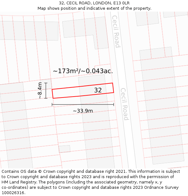 32, CECIL ROAD, LONDON, E13 0LR: Plot and title map