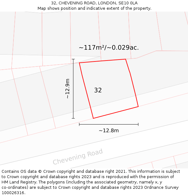 32, CHEVENING ROAD, LONDON, SE10 0LA: Plot and title map