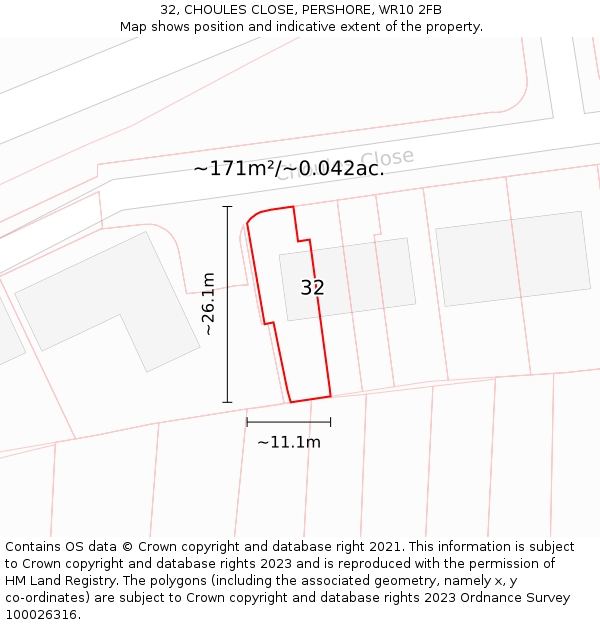32, CHOULES CLOSE, PERSHORE, WR10 2FB: Plot and title map