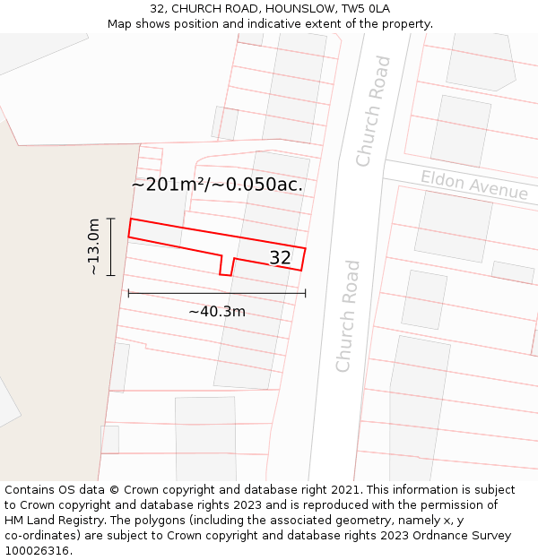 32, CHURCH ROAD, HOUNSLOW, TW5 0LA: Plot and title map