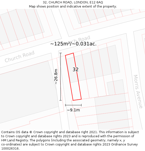 32, CHURCH ROAD, LONDON, E12 6AQ: Plot and title map