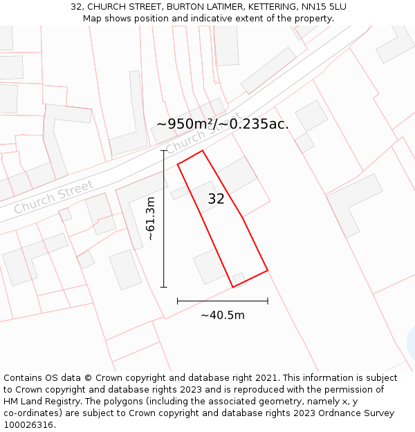 32, CHURCH STREET, BURTON LATIMER, KETTERING, NN15 5LU: Plot and title map