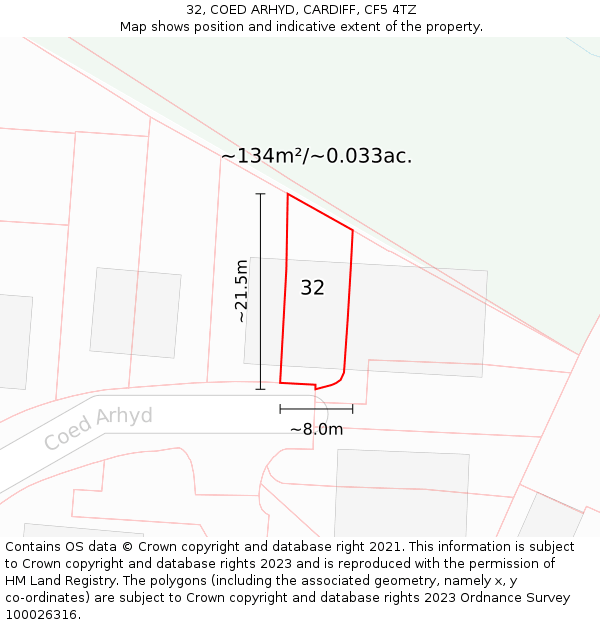 32, COED ARHYD, CARDIFF, CF5 4TZ: Plot and title map