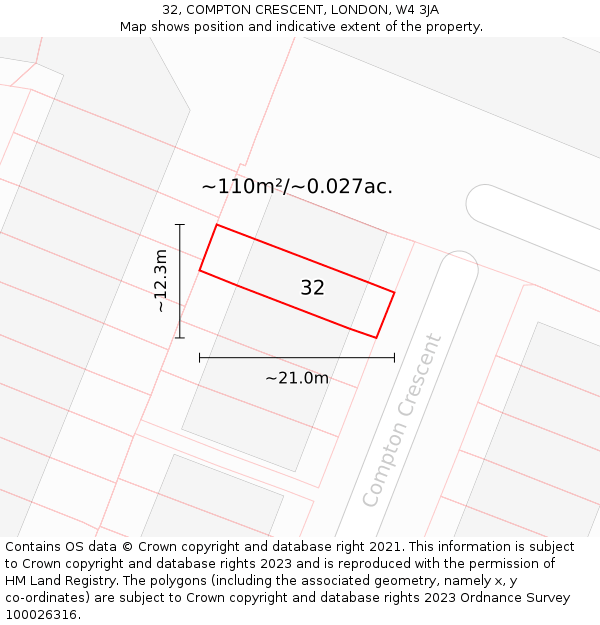 32, COMPTON CRESCENT, LONDON, W4 3JA: Plot and title map