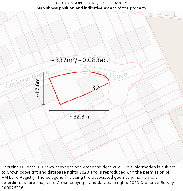 32, COOKSON GROVE, ERITH, DA8 1YE: Plot and title map