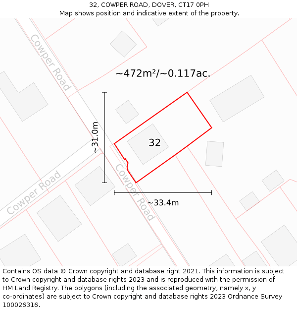 32, COWPER ROAD, DOVER, CT17 0PH: Plot and title map