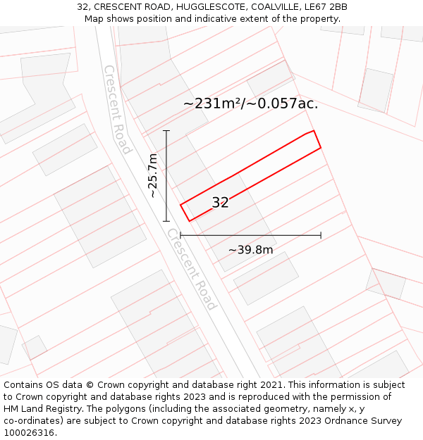 32, CRESCENT ROAD, HUGGLESCOTE, COALVILLE, LE67 2BB: Plot and title map
