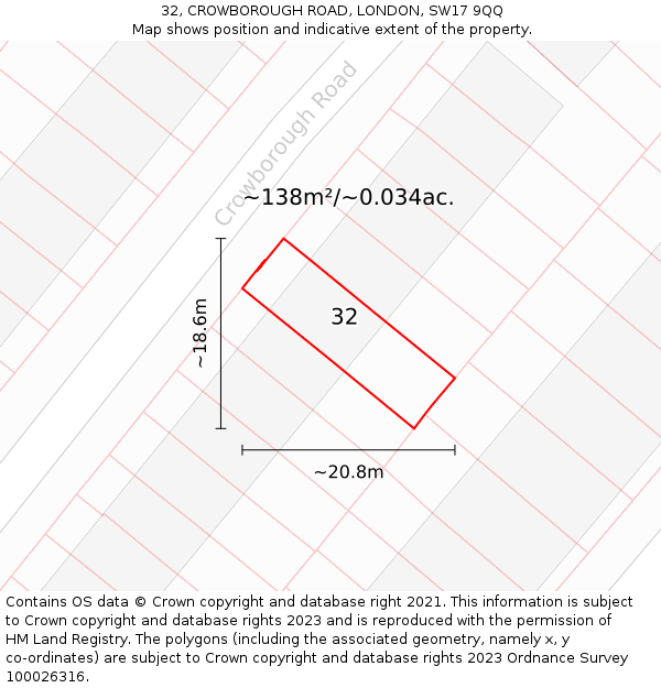 32, CROWBOROUGH ROAD, LONDON, SW17 9QQ: Plot and title map