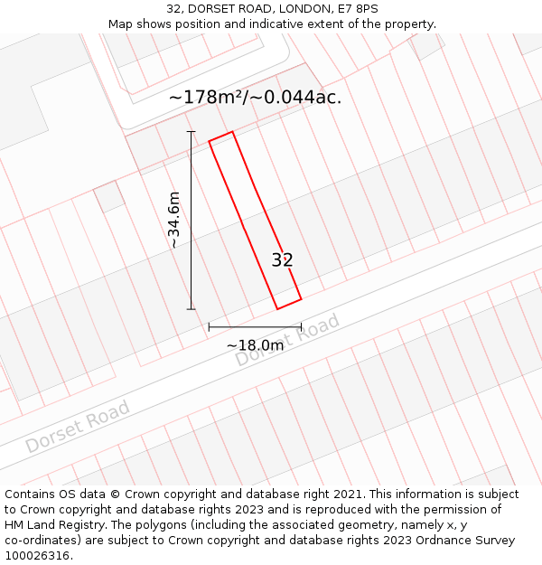 32, DORSET ROAD, LONDON, E7 8PS: Plot and title map