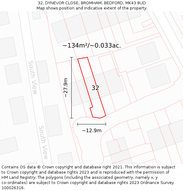 32, DYNEVOR CLOSE, BROMHAM, BEDFORD, MK43 8UD: Plot and title map