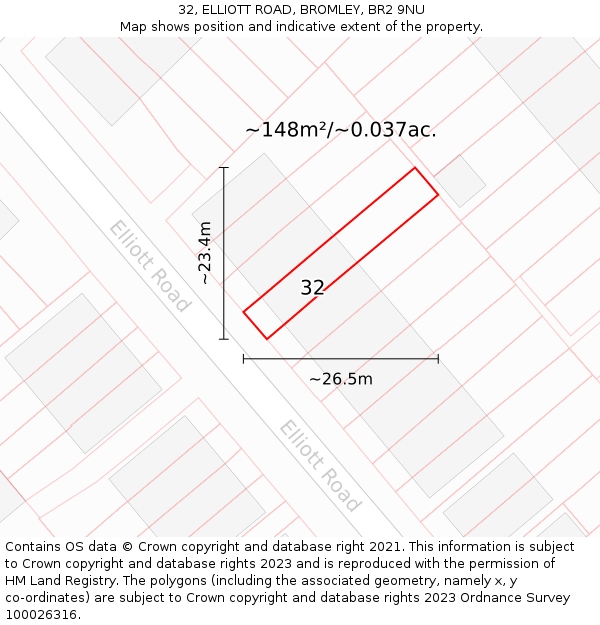 32, ELLIOTT ROAD, BROMLEY, BR2 9NU: Plot and title map