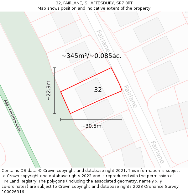 32, FAIRLANE, SHAFTESBURY, SP7 8RT: Plot and title map