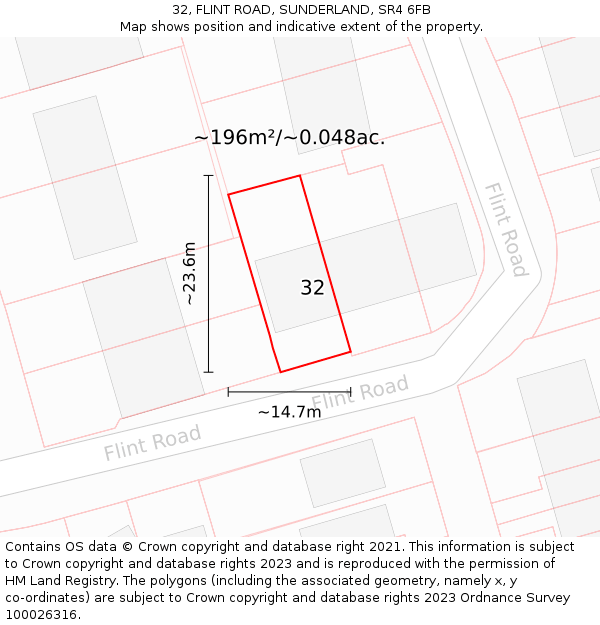 32, FLINT ROAD, SUNDERLAND, SR4 6FB: Plot and title map