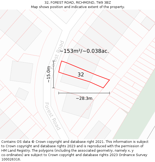 32, FOREST ROAD, RICHMOND, TW9 3BZ: Plot and title map