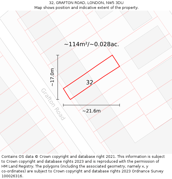 32, GRAFTON ROAD, LONDON, NW5 3DU: Plot and title map
