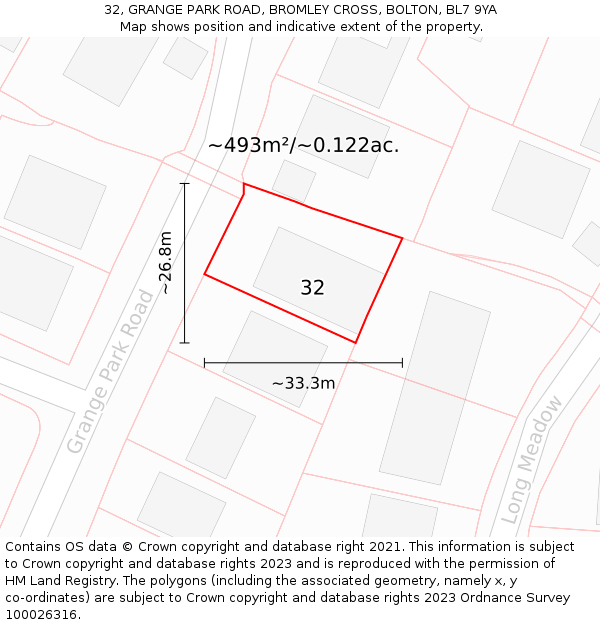 32, GRANGE PARK ROAD, BROMLEY CROSS, BOLTON, BL7 9YA: Plot and title map