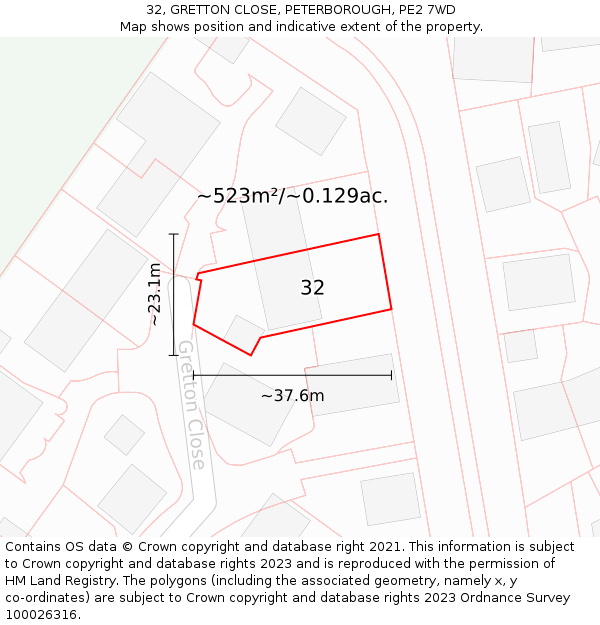 32, GRETTON CLOSE, PETERBOROUGH, PE2 7WD: Plot and title map