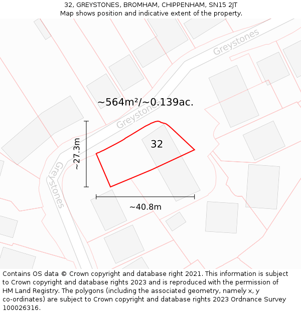 32, GREYSTONES, BROMHAM, CHIPPENHAM, SN15 2JT: Plot and title map