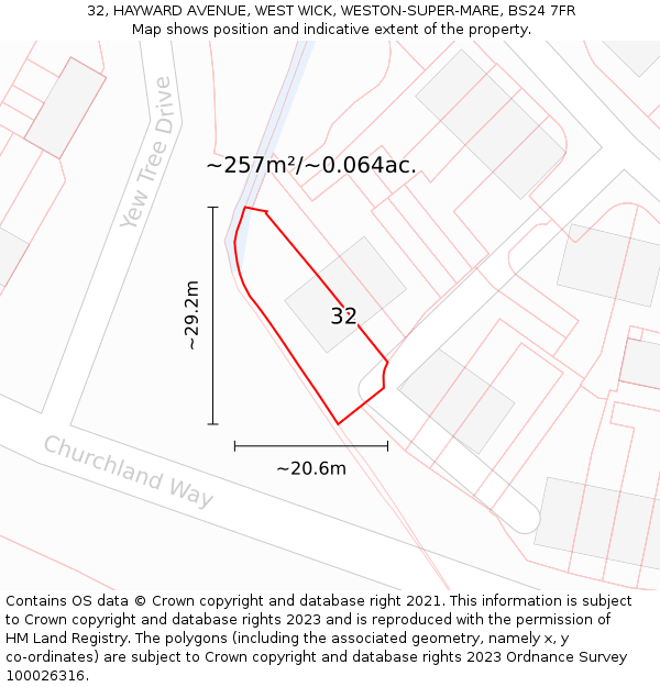 32, HAYWARD AVENUE, WEST WICK, WESTON-SUPER-MARE, BS24 7FR: Plot and title map