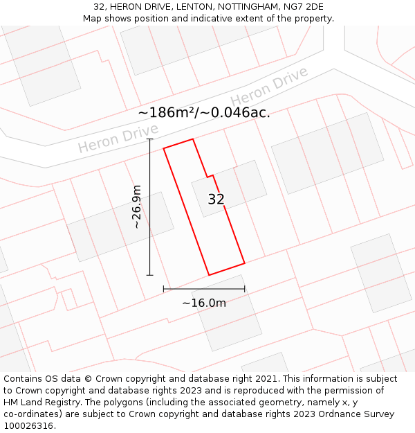 32, HERON DRIVE, LENTON, NOTTINGHAM, NG7 2DE: Plot and title map
