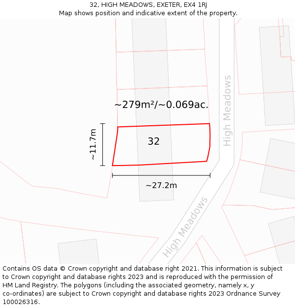 32, HIGH MEADOWS, EXETER, EX4 1RJ: Plot and title map