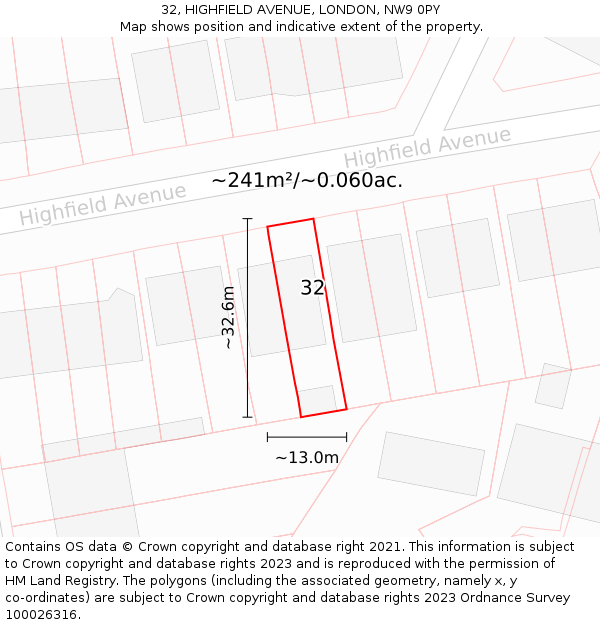 32, HIGHFIELD AVENUE, LONDON, NW9 0PY: Plot and title map