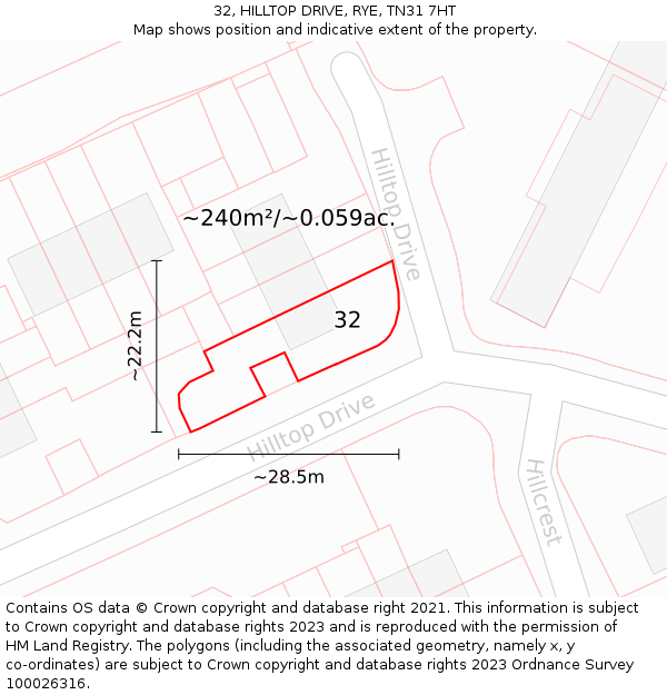 32, HILLTOP DRIVE, RYE, TN31 7HT: Plot and title map