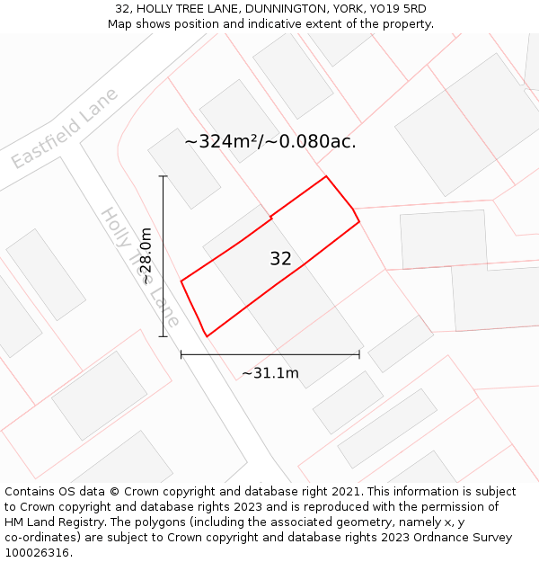 32, HOLLY TREE LANE, DUNNINGTON, YORK, YO19 5RD: Plot and title map