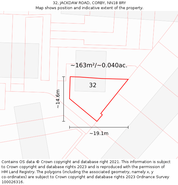 32, JACKDAW ROAD, CORBY, NN18 8RY: Plot and title map