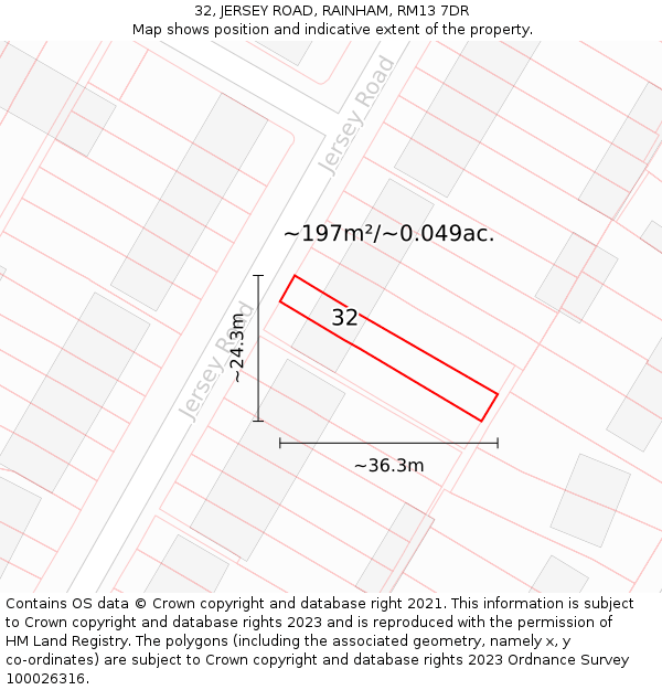 32, JERSEY ROAD, RAINHAM, RM13 7DR: Plot and title map