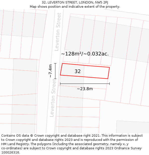 32, LEVERTON STREET, LONDON, NW5 2PJ: Plot and title map
