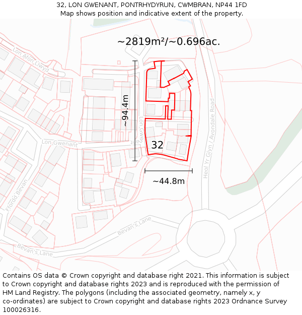 32, LON GWENANT, PONTRHYDYRUN, CWMBRAN, NP44 1FD: Plot and title map